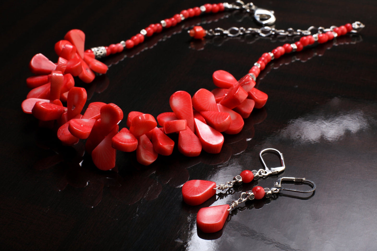 Genuine Bamboo Salmon Pink coral Pear drop, drum shape Bali style handmade necklace, Leverback earring set,17" + 4" extension, vintage gift