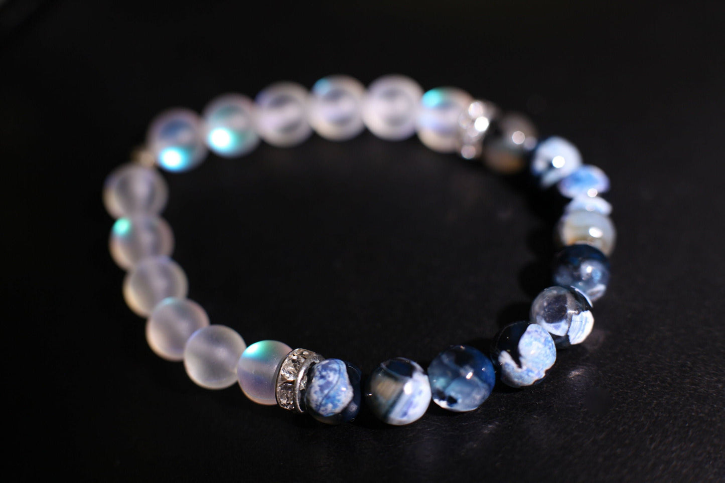 Fire Agate blue faceted 8mm polished with mermaid Sea Glass glow bead 8mm or Rhinestone Spacers Bracelet, 2 different style to choose.