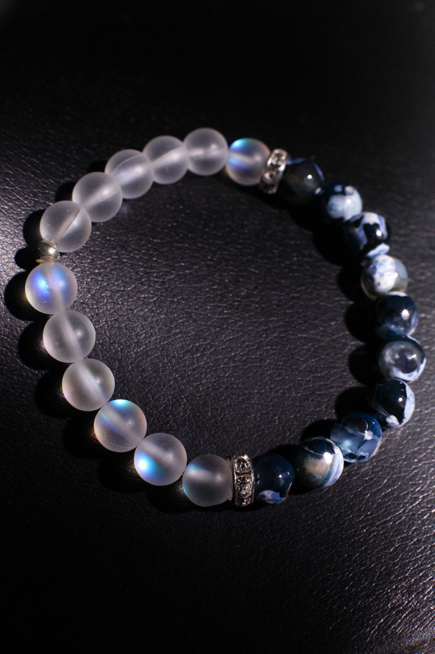 Fire Agate blue faceted 8mm polished with mermaid Sea Glass glow bead 8mm or Rhinestone Spacers Bracelet, 2 different style to choose.