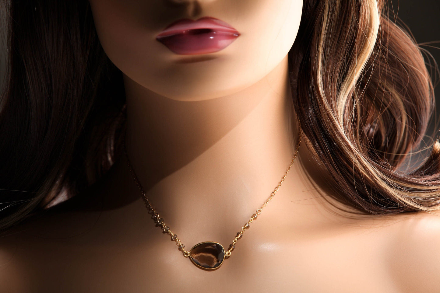 Genuine Smokey Quartz Gold Bezel with Smokey Quartz Wire Wrapped Gemstone Beaded Chain Finished in 14K Gold Filled Long and Short Oval Chain