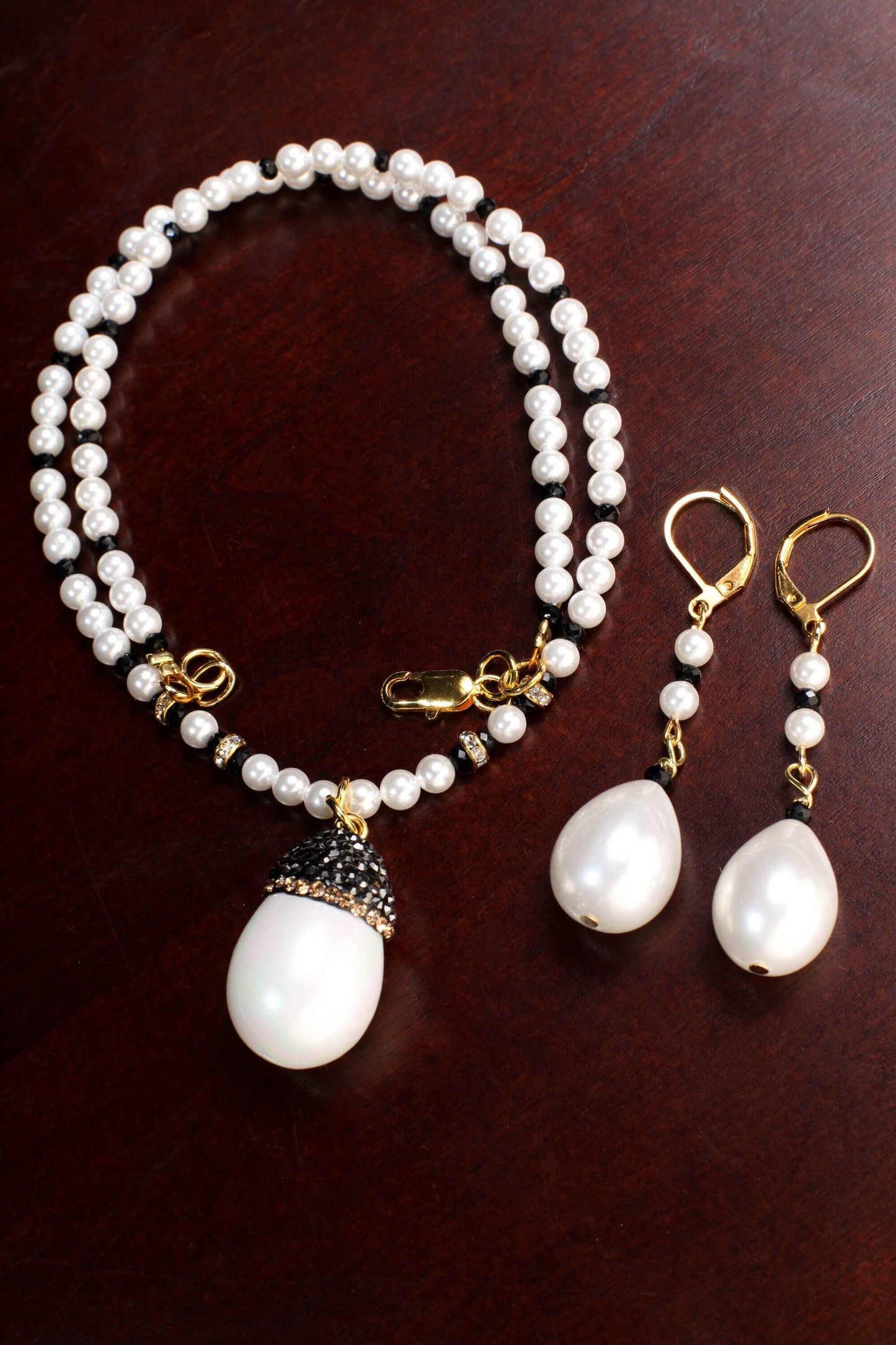 South Sea Shell Pearl Bridal Necklace, Tear Drop Pave Crystal Bead Cap Dangling Earrings Sets, Black Spinel Spacers, Gold Clasp Jewelry Set