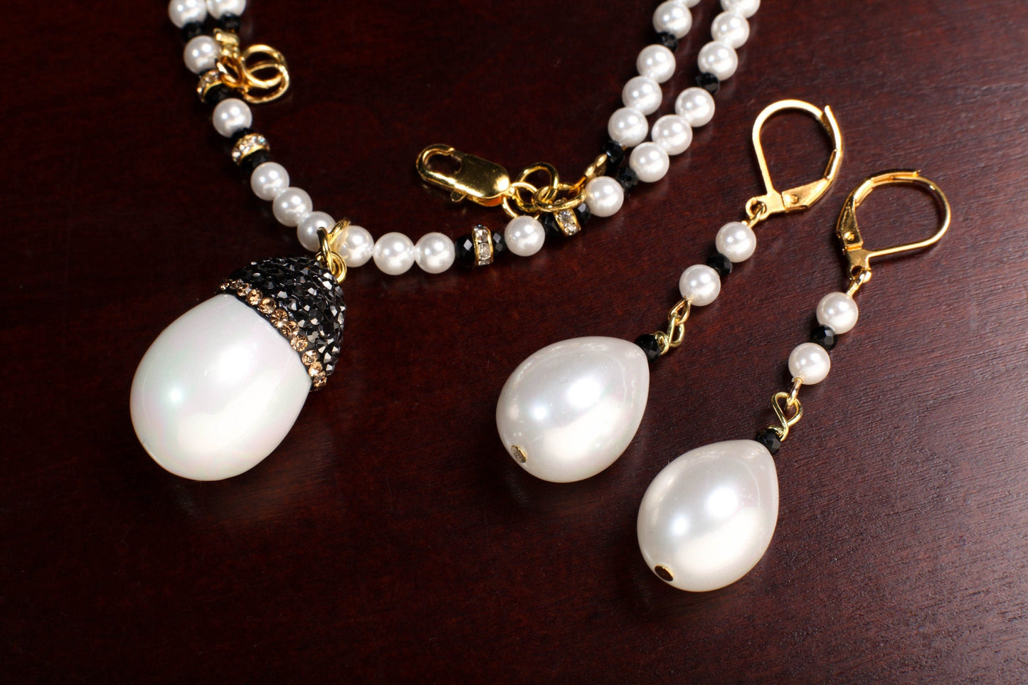 South Sea Shell Pearl Bridal Necklace, Tear Drop Pave Crystal Bead Cap Dangling Earrings Sets, Black Spinel Spacers, Gold Clasp Jewelry Set