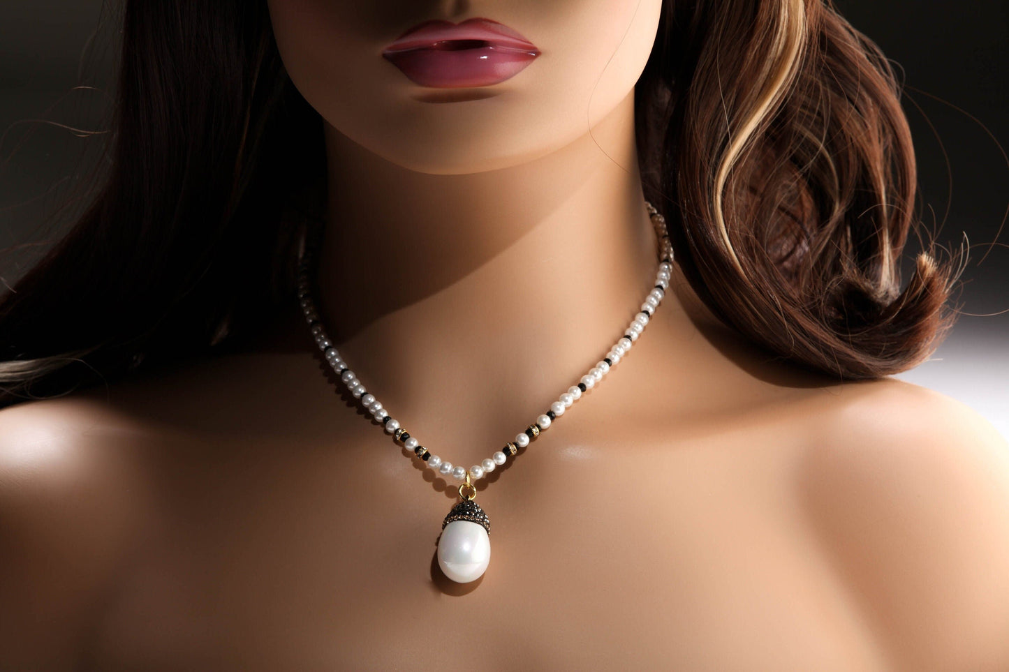 South Sea Shell Pearl Bridal Necklace, Tear Drop Pave Crystal Bead Cap Dangling Earrings Sets, Black Spinel Spacers, Gold Clasp Jewelry Set