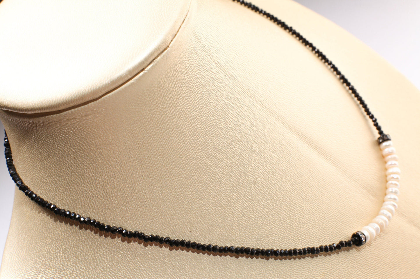 Black Spinel Micro Faceted 2mm Diamond Cut with Freshwater Pearl Rondelle Choker 925 Sterling Silver Necklace Minimalist,Necklace 14" to 40"