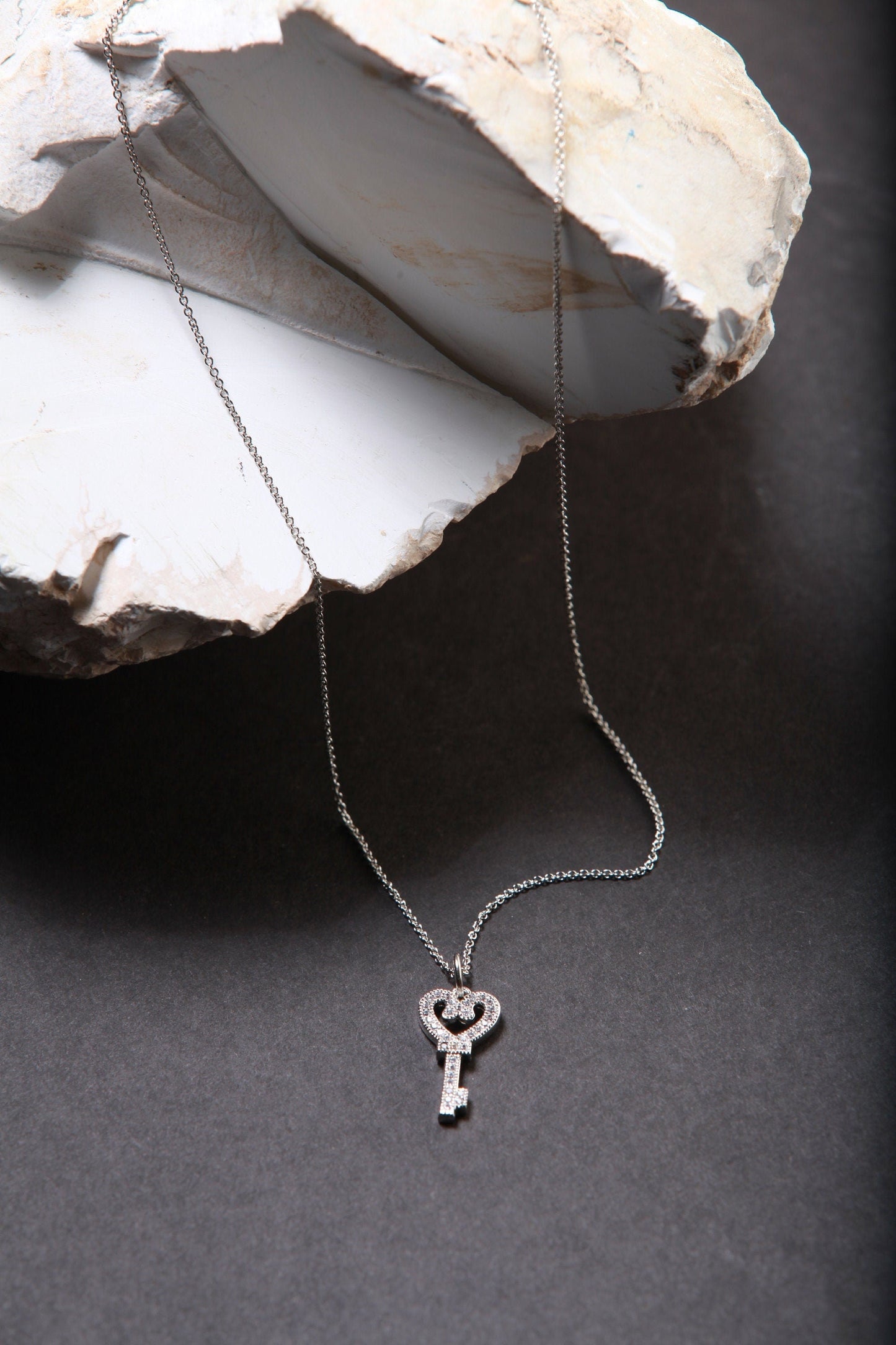 Dainty Cubic Zirconia CZ Key Charm with .925 Sterling Silver Cable Chain Necklace 16"