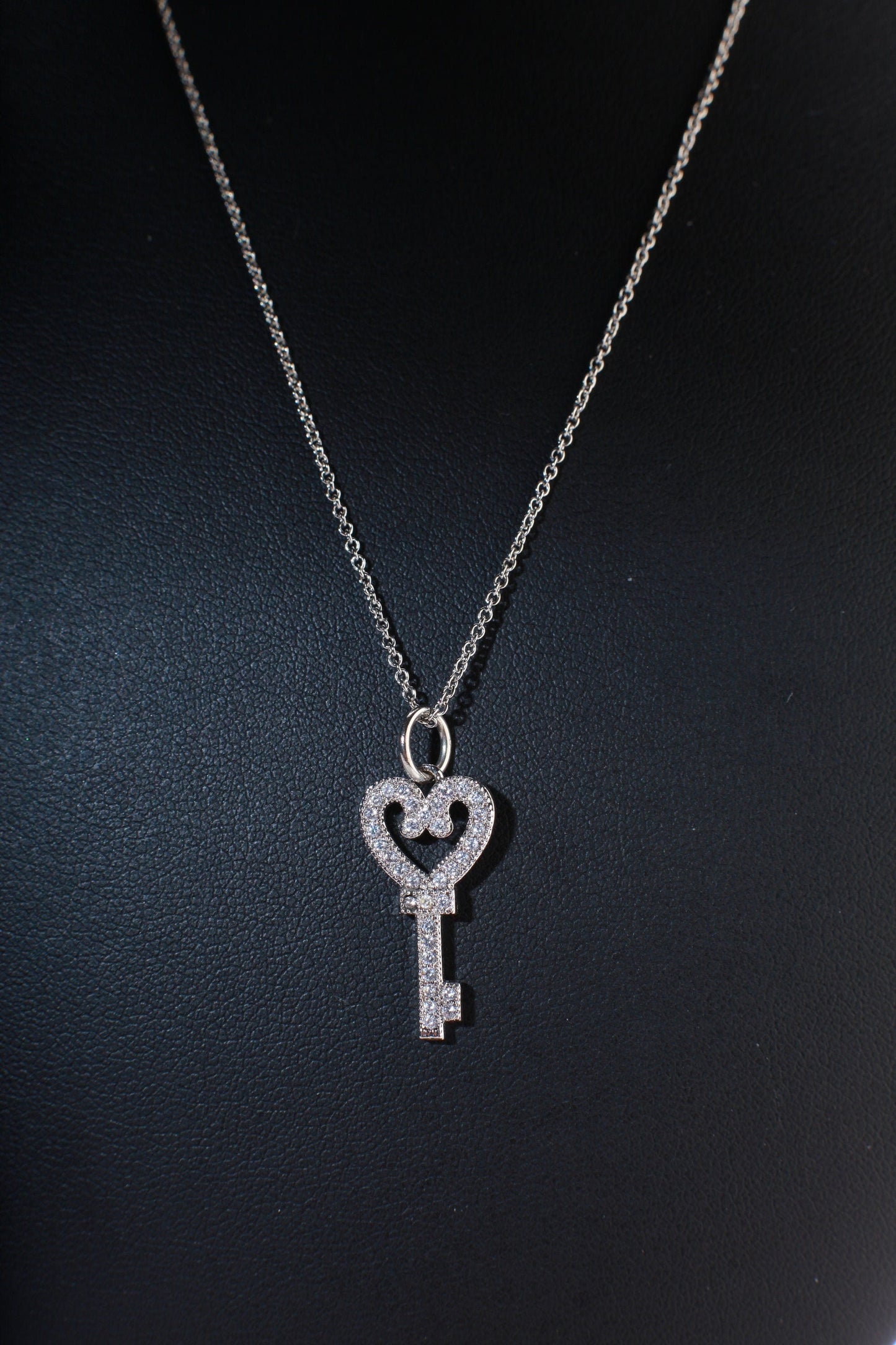 Dainty Cubic Zirconia CZ Key Charm with .925 Sterling Silver Cable Chain Necklace 16"
