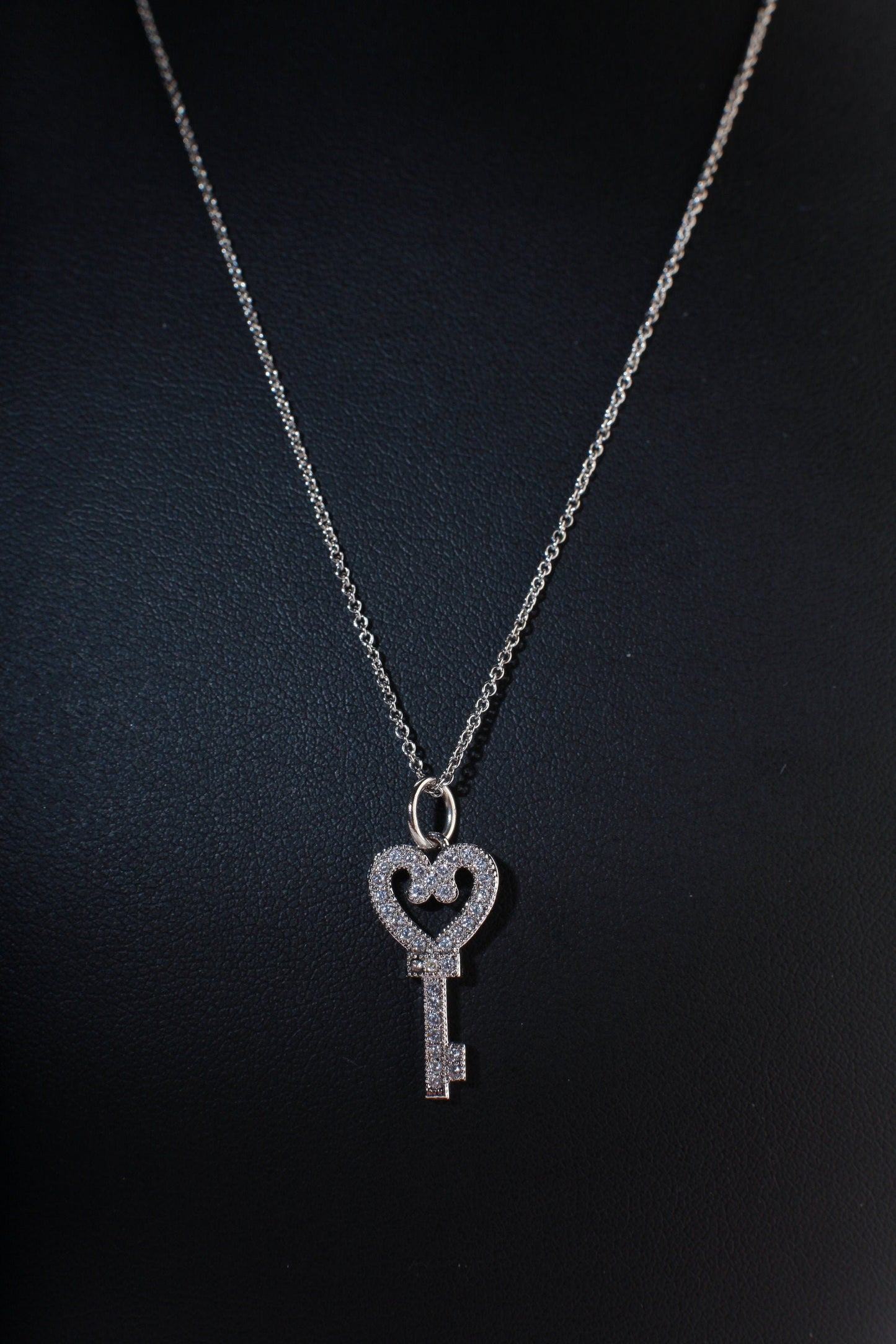 Dainty Cubic Zirconia CZ Key Charm with .925 Sterling Silver Cable Chain Necklace 16"