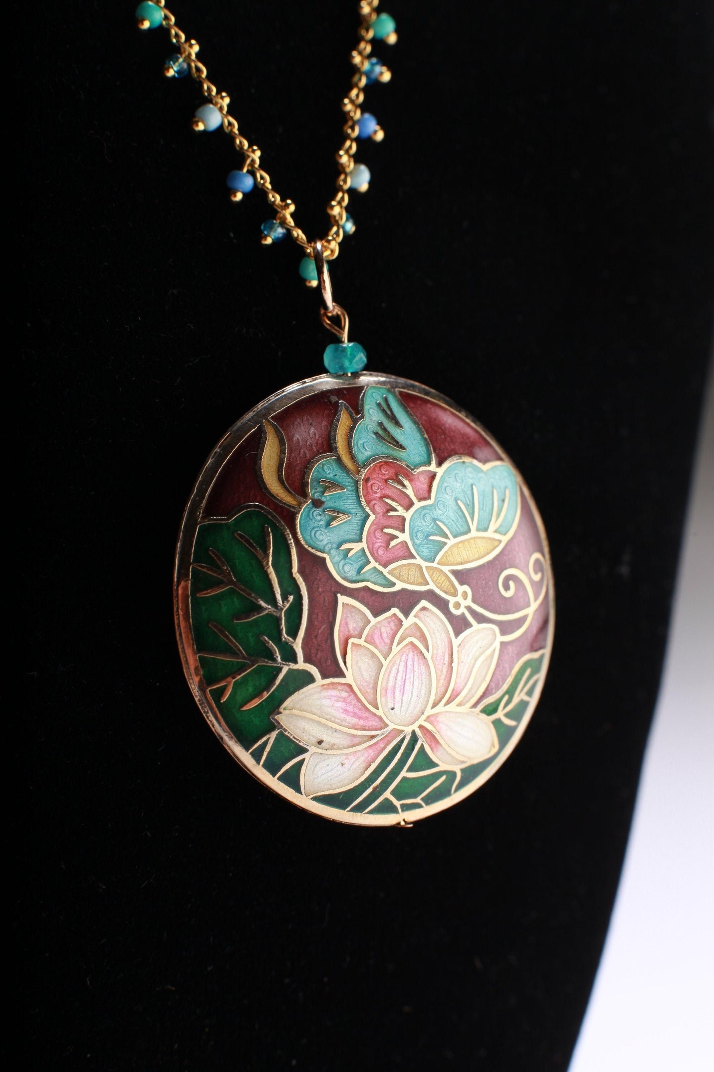 Traditional Cloisonné Pendant Double Sided Vintage Floral Flowers Pink Focal with Beaded Chain Necklace 20"