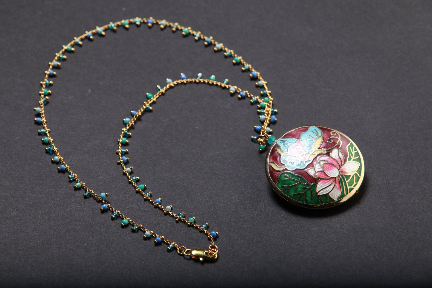 Traditional Cloisonné Pendant Double Sided Vintage Floral Flowers Pink Focal with Beaded Chain Necklace 20"