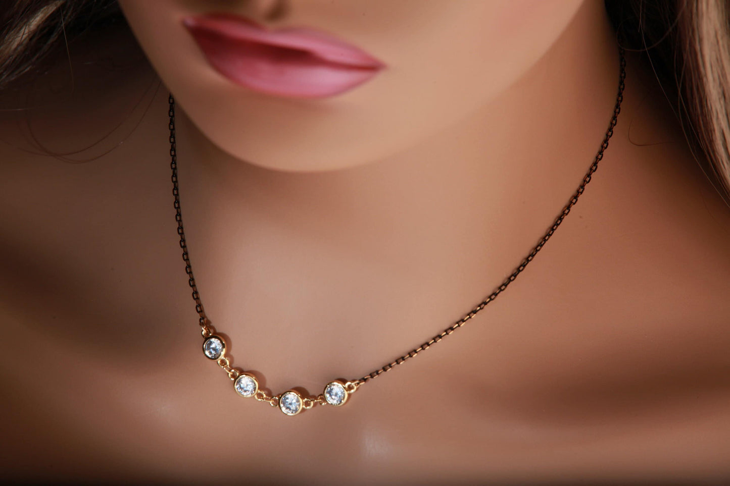 Cubic Zirconia CZ Diamond bezel Charm, Oxidized Two-Tone chain Necklace. Choice of 16", 18", 20" 22" and 24"