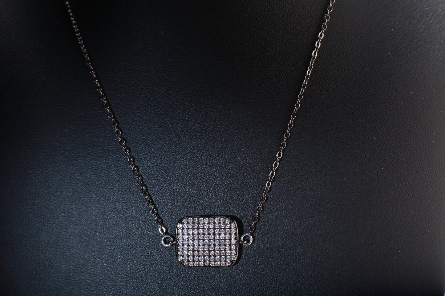 Cubic Zirconia Oxidized and Diamond Micro Pave, Bling Pillow Shape Charm 16" Necklace and 2" Extension Chain