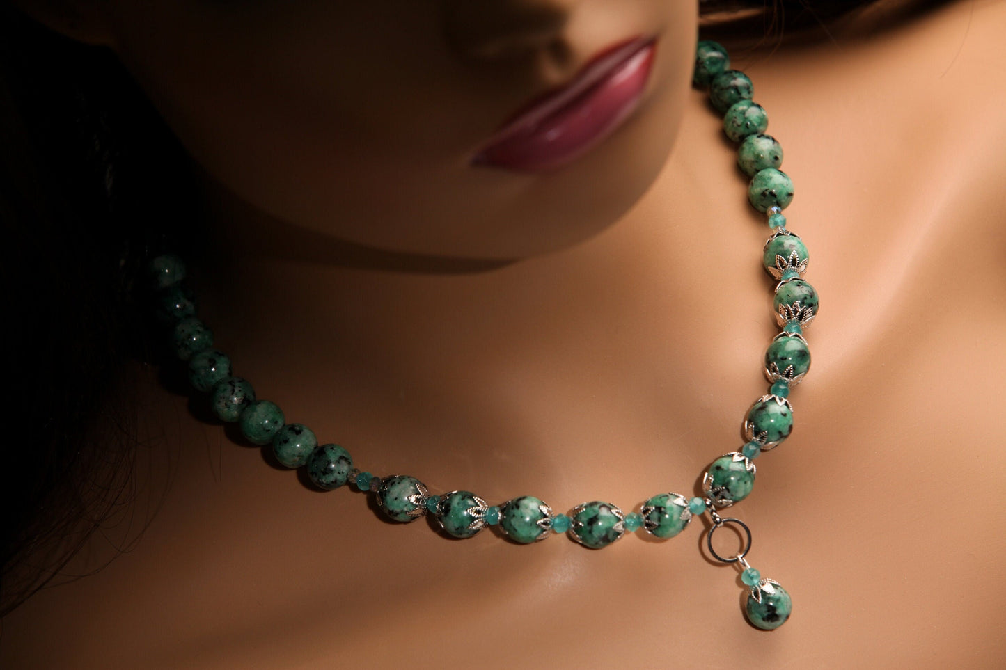 Aqua Tera Green Jasper 10mm Round Pendant Necklace with Apatite Spacers, Matching Earrings Jewelry Set 18" plus 2" Extension