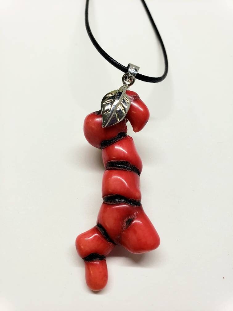 Genuine bamboo coral long stick, unique branch rhodium leaf bail pendant with black leather 18"plus 2" extension necklace. Man, woman gift.