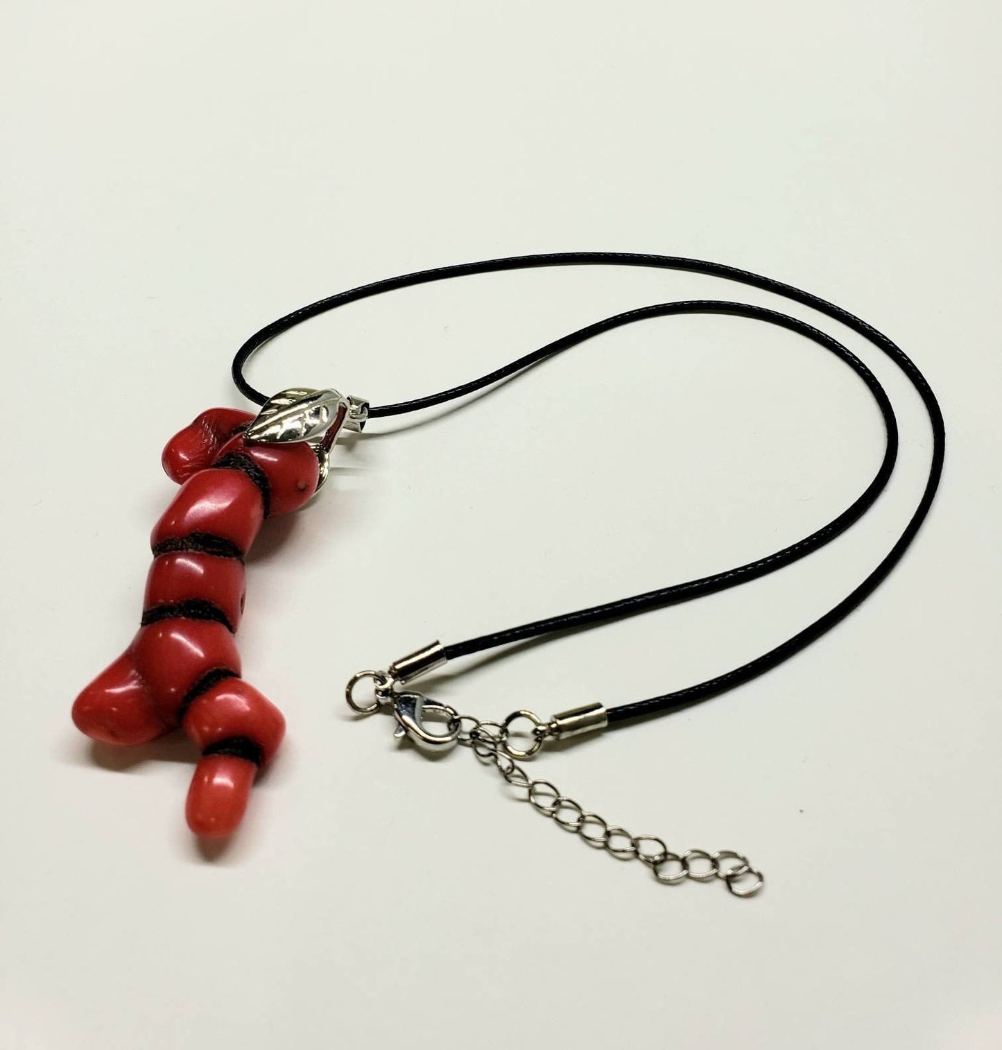 Genuine bamboo coral long stick, unique branch rhodium leaf bail pendant with black leather 18"plus 2" extension necklace. Man, woman gift.