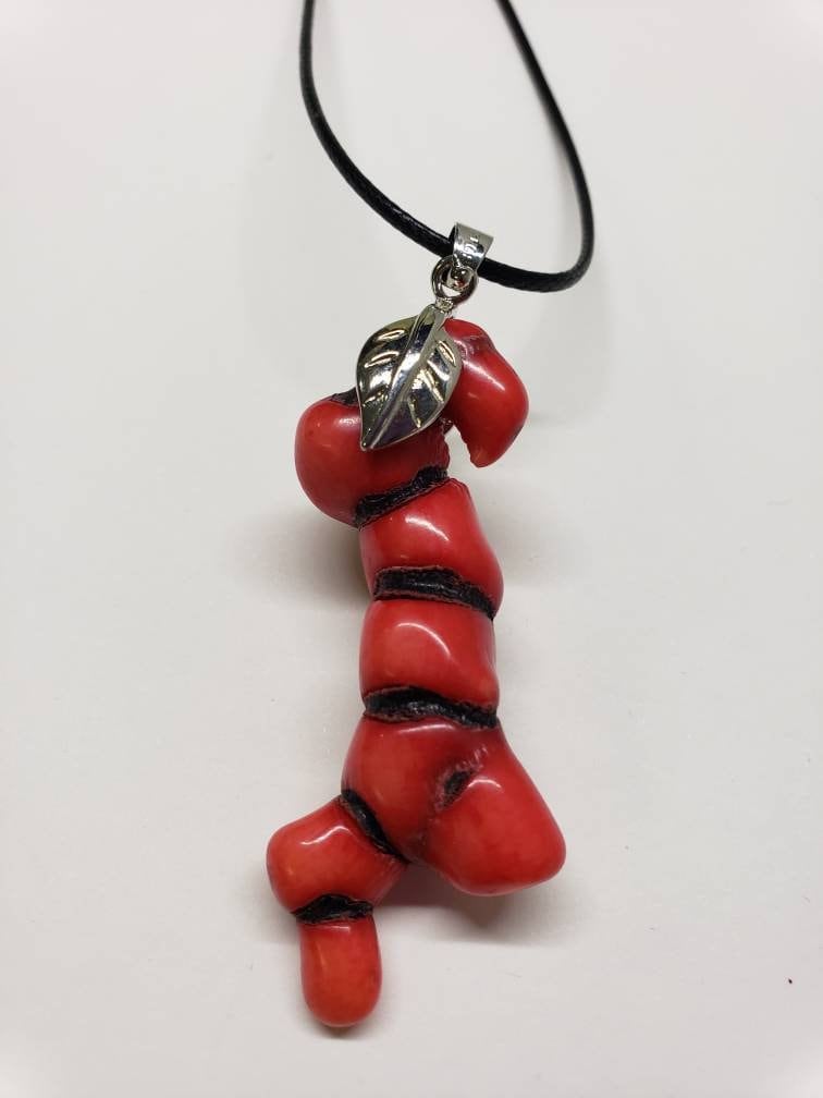 Genuine bamboo coral long stick, unique branch rhodium leaf bail pendant with black leather 18"plus 2" extension necklace. Man, woman gift.