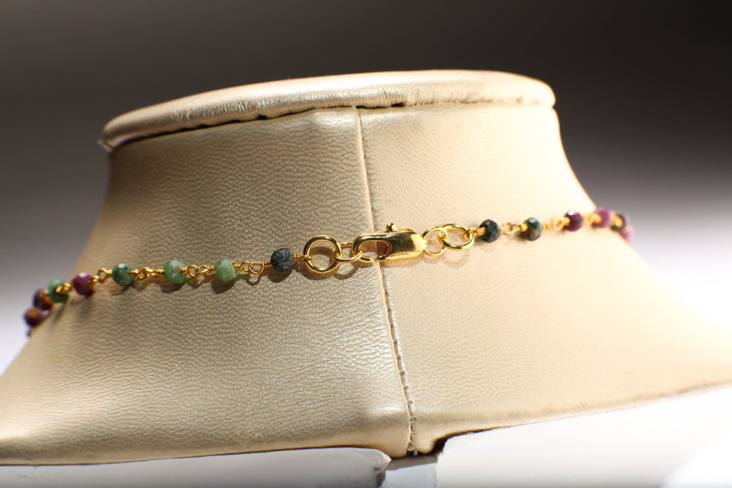 Ruby Zoisite Beaded Rosary Gold Chain Necklace with Faceted Ruby Jade 20x30 Pear Drop Pendant 16-30" Necklace