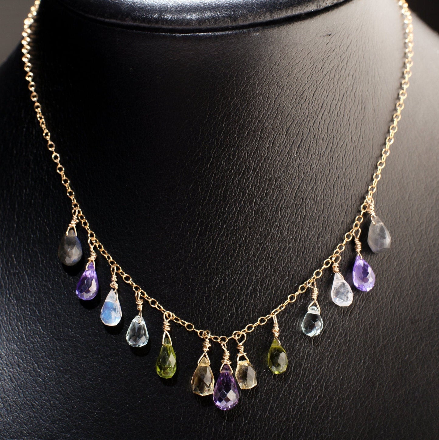Amethyst, Aquamarine, Moonstone, Labradorite, Peridot, Citrine Briolette Necklace, Wire Wrapped Dangling, 14K Gold Filled Gemstone Necklace