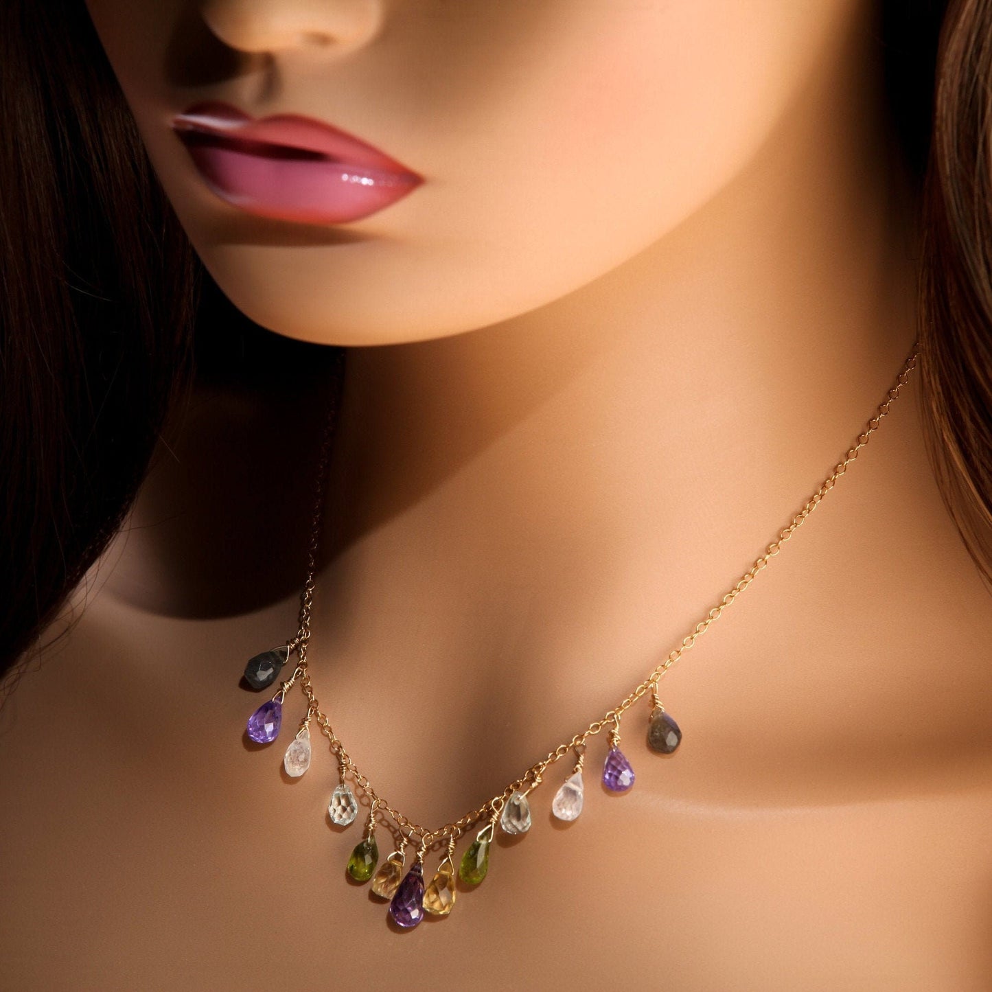 Amethyst, Aquamarine, Moonstone, Labradorite, Peridot, Citrine Briolette Necklace, Wire Wrapped Dangling, 14K Gold Filled Gemstone Necklace