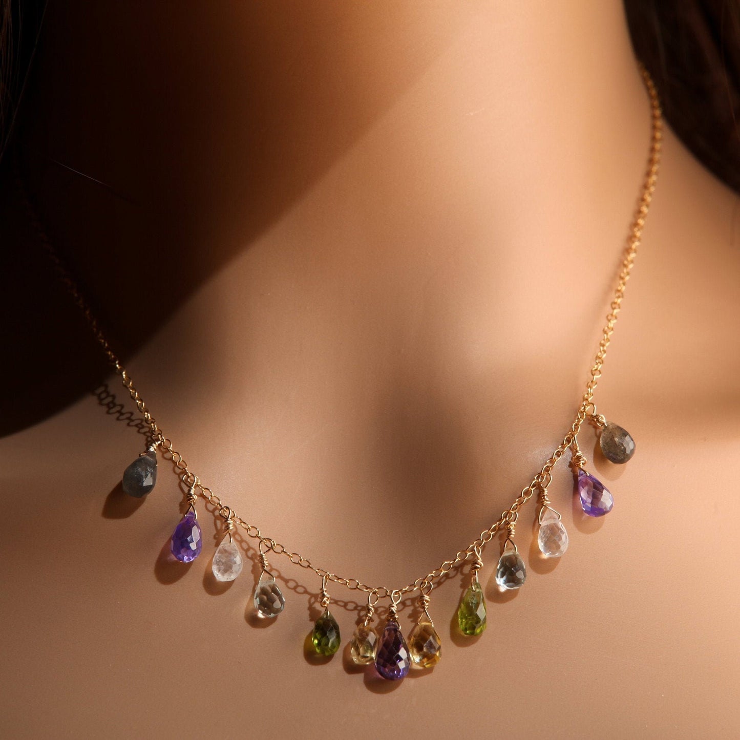 Amethyst, Aquamarine, Moonstone, Labradorite, Peridot, Citrine Briolette Necklace, Wire Wrapped Dangling, 14K Gold Filled Gemstone Necklace