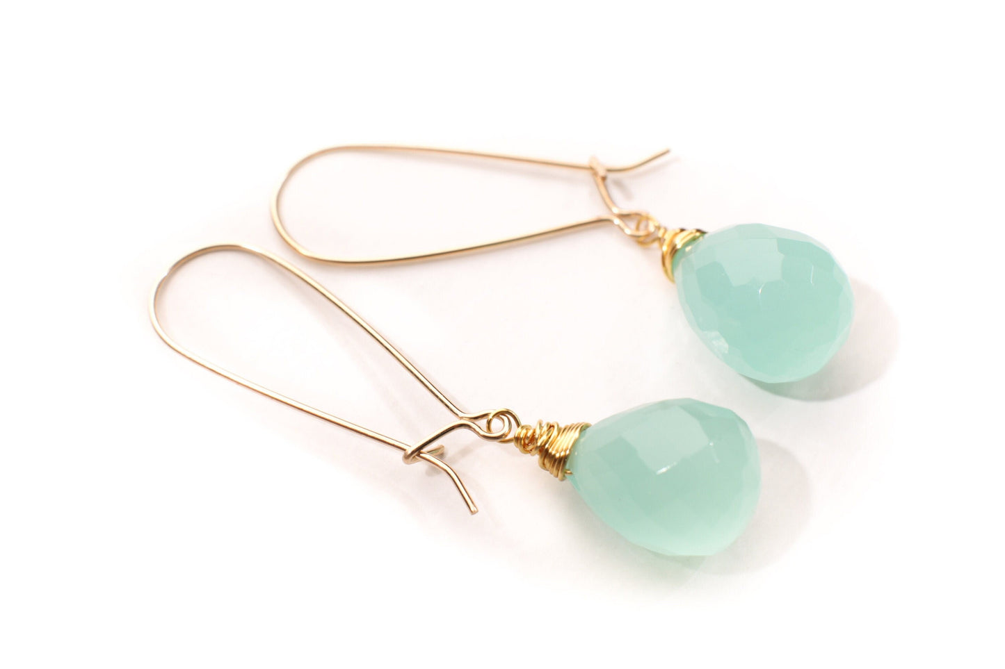 Aqua Chalcedony Faceted 11x16mm Briolette Wire Wrapped in 14K Gold Filled and 925 Sterling Silver Kidney Earwire,or Leverback Earrings gift