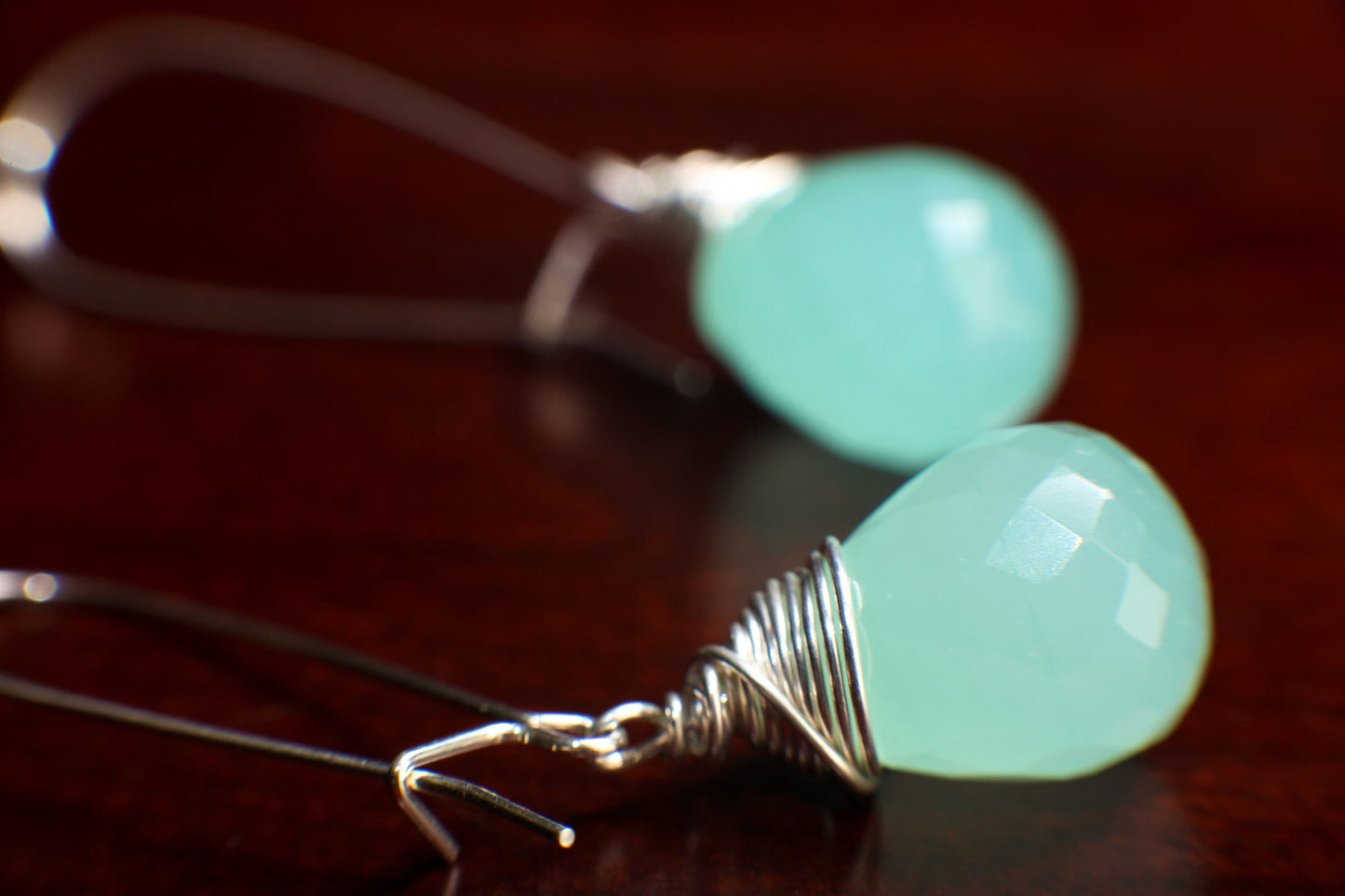 Aqua Chalcedony Faceted 11x16mm Briolette Wire Wrapped in 14K Gold Filled and 925 Sterling Silver Kidney Earwire,or Leverback Earrings gift