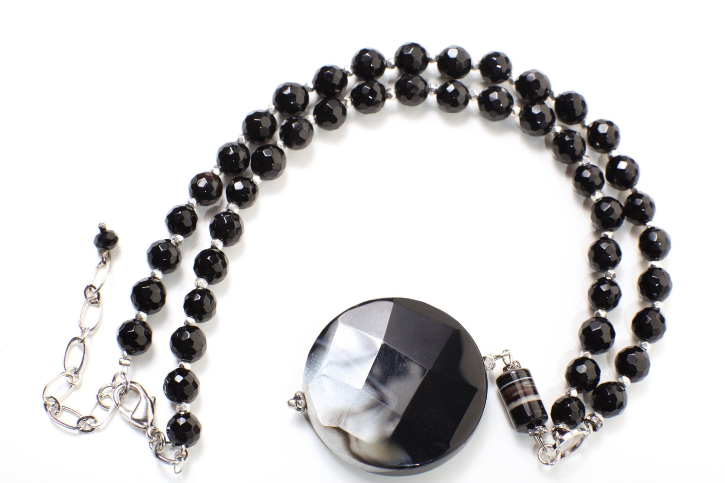Black Fire Agate 39mm Faceted Disk Pendant with Dangling Stripe Agate Tube Accent Bead, Black Onyx Beaded Necklace 19" with 2.5" Extension