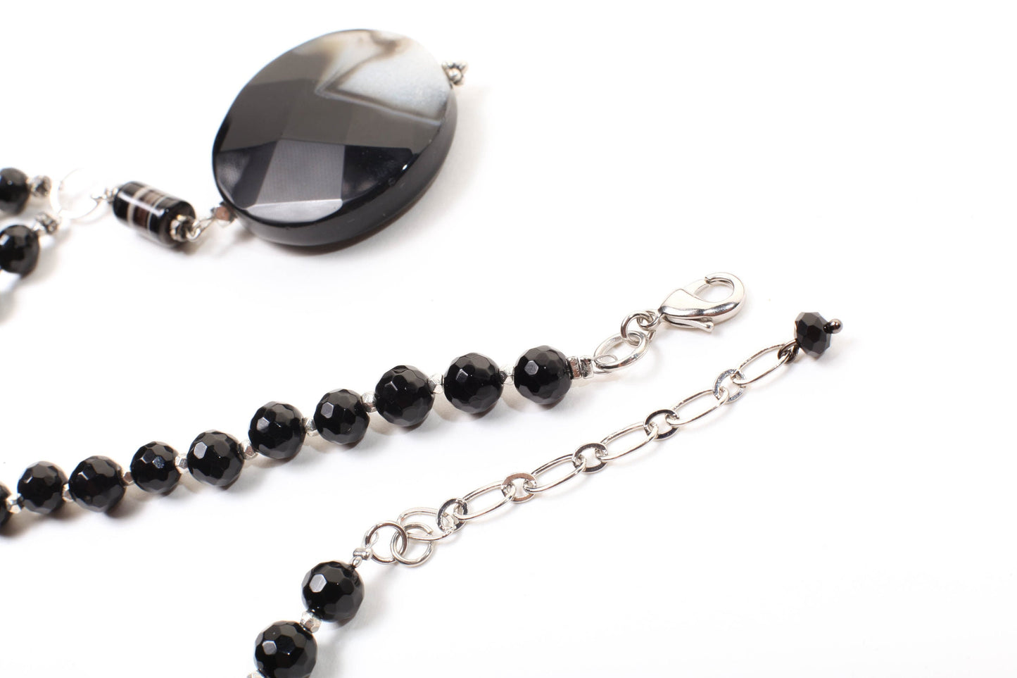 Black Fire Agate 39mm Faceted Disk Pendant with Dangling Stripe Agate Tube Accent Bead, Black Onyx Beaded Necklace 19" with 2.5" Extension
