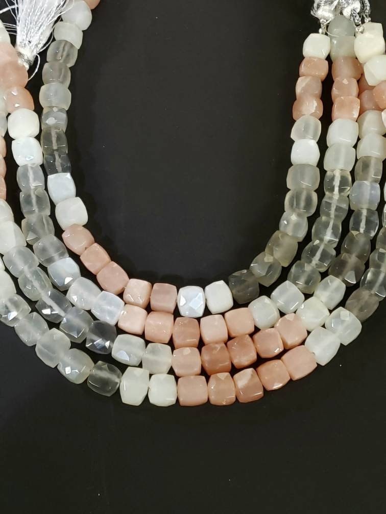 Multi Moonstone 6-6.5mm faceted dice shape cube beads, jewelry making 8" strand beads .