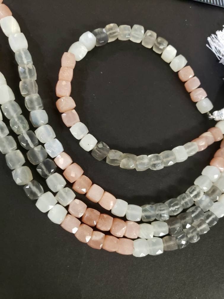 Multi Moonstone 6-6.5mm faceted dice shape cube beads, jewelry making 8" strand beads .