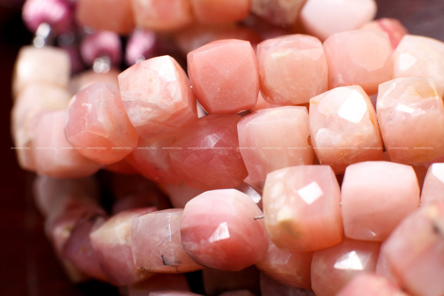 Pink Peruvian Opal 7.5-8mm Dice shape Cube Gemstone Beads, High Quality Jewelry Making Cube Beads. 8" strand