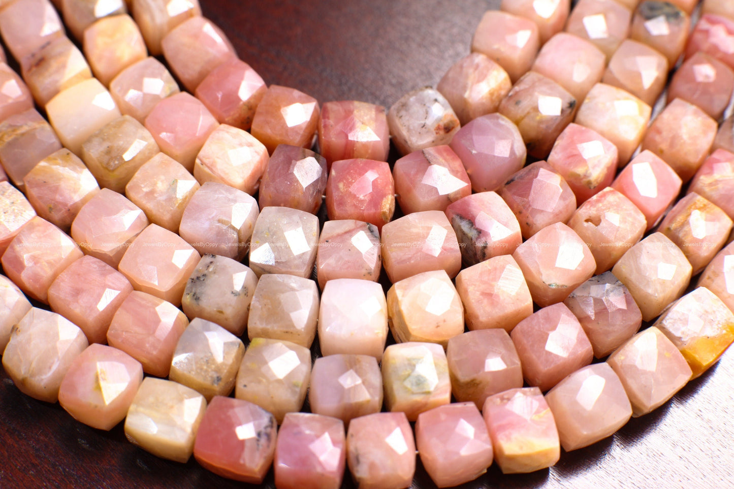 Pink Peruvian Opal 7.5-8mm Dice shape Cube Gemstone Beads, High Quality Jewelry Making Cube Beads. 8" strand