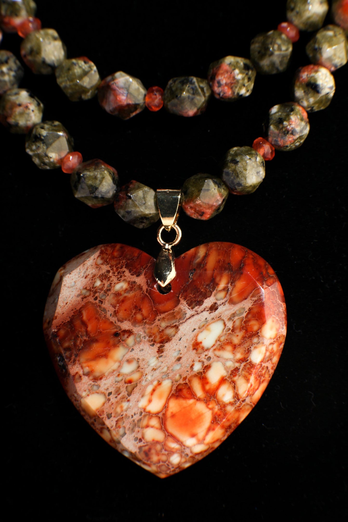 Natural Aqua Terra Jasper Faceted Heart Pendant with Unakite Jasper Octagon Faceted with Carnelian Accent Spacer Beads 2 Line 21" Necklace