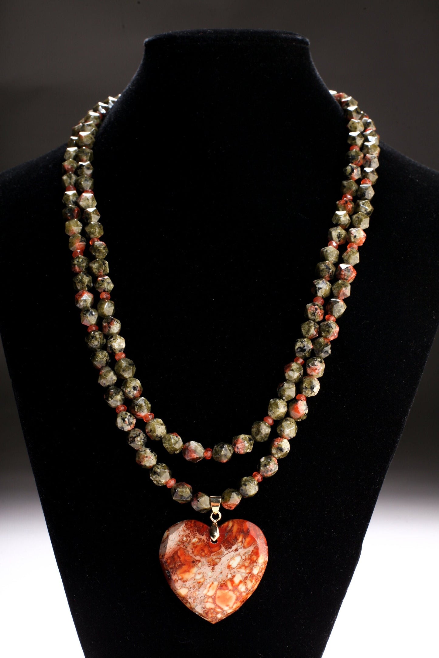 Natural Aqua Terra Jasper Faceted Heart Pendant with Unakite Jasper Octagon Faceted with Carnelian Accent Spacer Beads 2 Line 21" Necklace