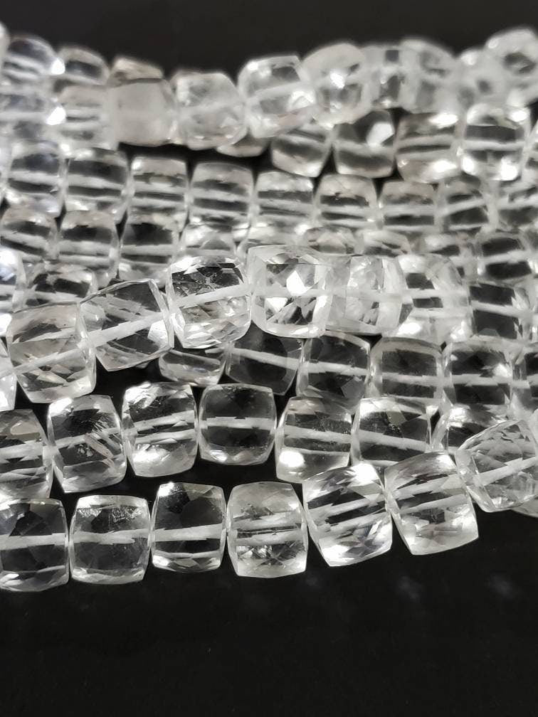 Natural Rock crystal Quartz faceted 6-7mm dice shape cube beads, 8" strand for jewelry making, high quality