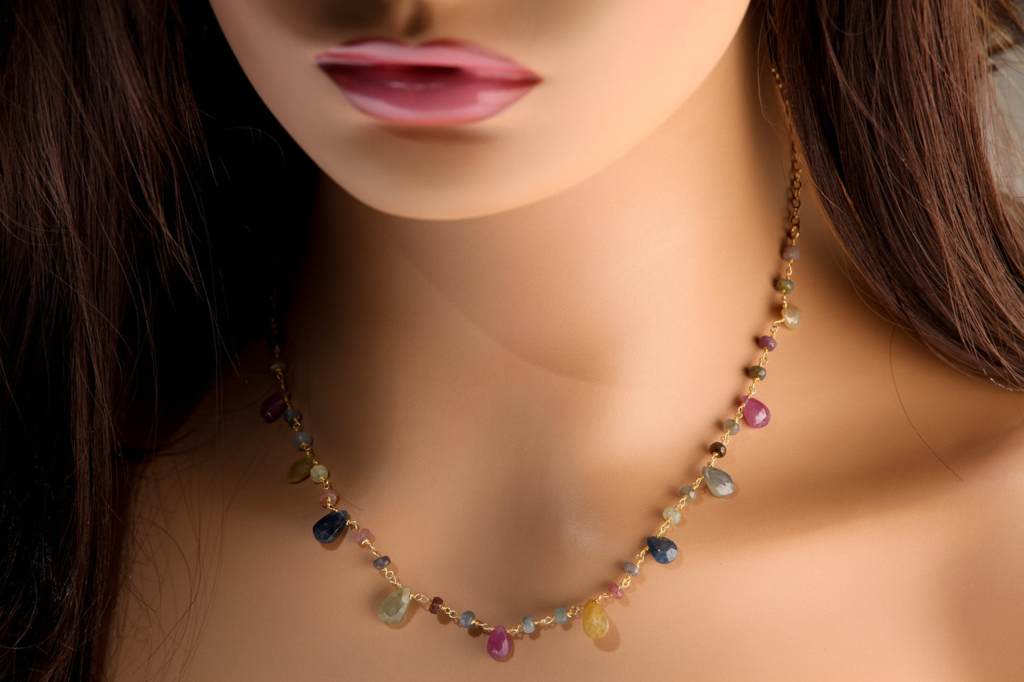 Multi Sapphire Necklace Wire Wrapped Dangling Faceted Pear Drop 5x7-6x9mm with Sapphire Rondelle in 14K Gold Filled Chain & Clasp Necklace