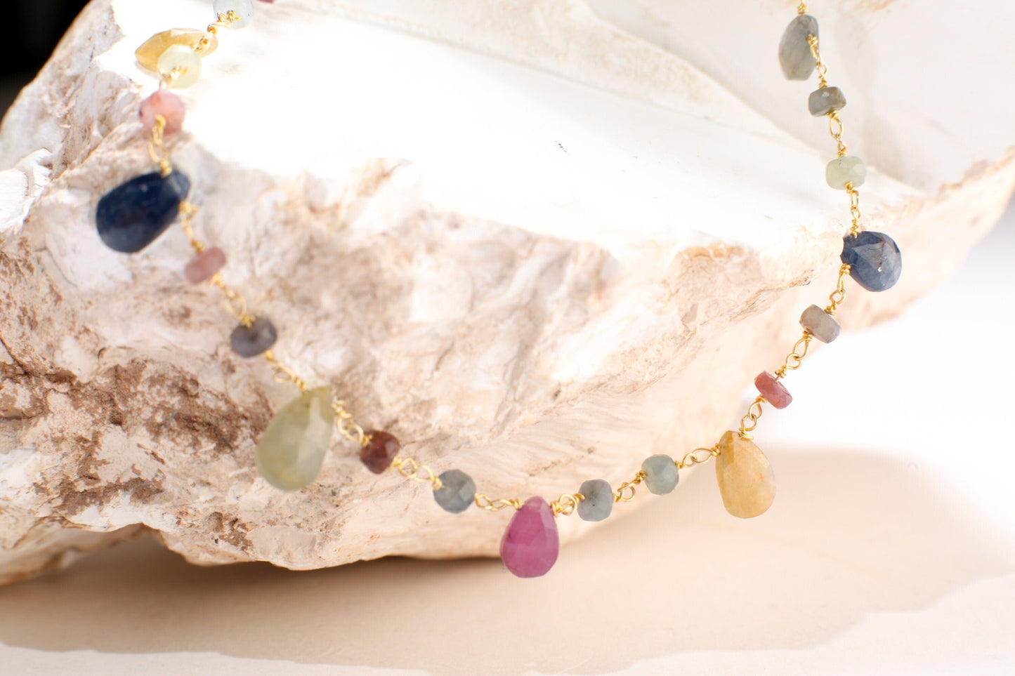 Multi Sapphire Necklace Wire Wrapped Dangling Faceted Pear Drop 5x7-6x9mm with Sapphire Rondelle in 14K Gold Filled Chain & Clasp Necklace