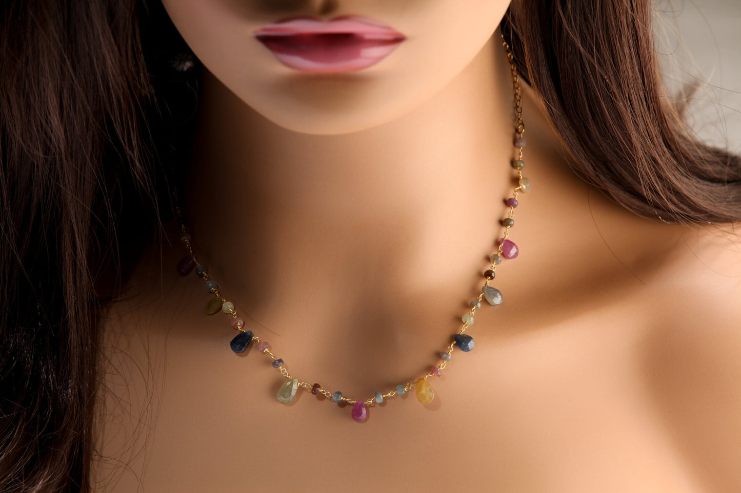 Multi Sapphire Necklace Wire Wrapped Dangling Faceted Pear Drop 5x7-6x9mm with Sapphire Rondelle in 14K Gold Filled Chain & Clasp Necklace