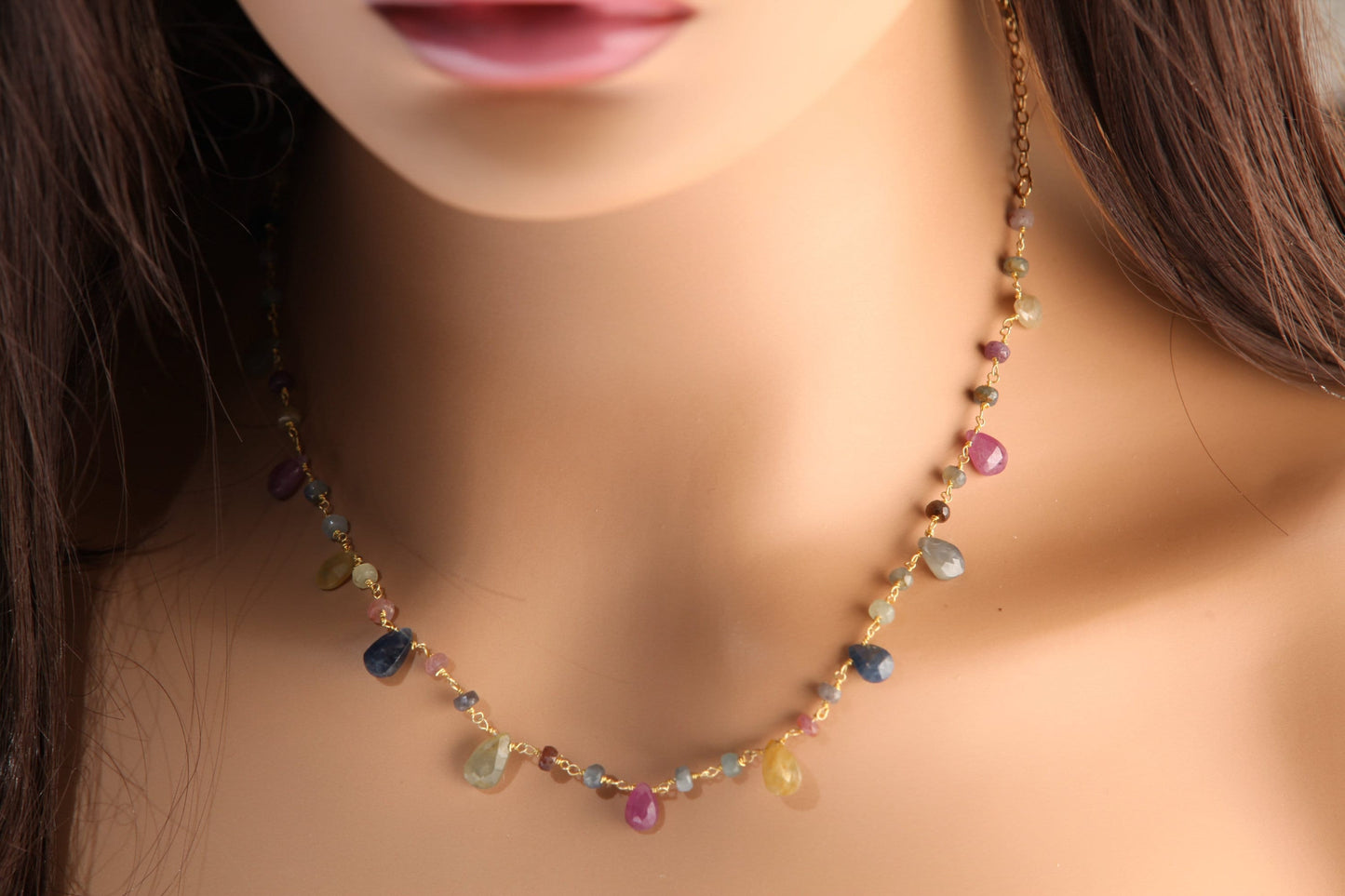 Multi Sapphire Necklace Wire Wrapped Dangling Faceted Pear Drop 5x7-6x9mm with Sapphire Rondelle in 14K Gold Filled Chain & Clasp Necklace