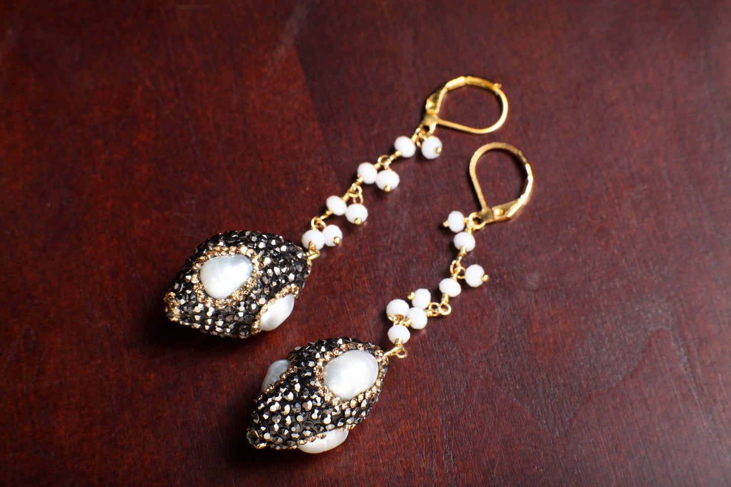Genuine Freshwater Baroque Pearl, Rhinestone Crystal Inlaid Pave with Dangling Wire Wrapped Crystal Beaded Leverback Earrings Gift For Her