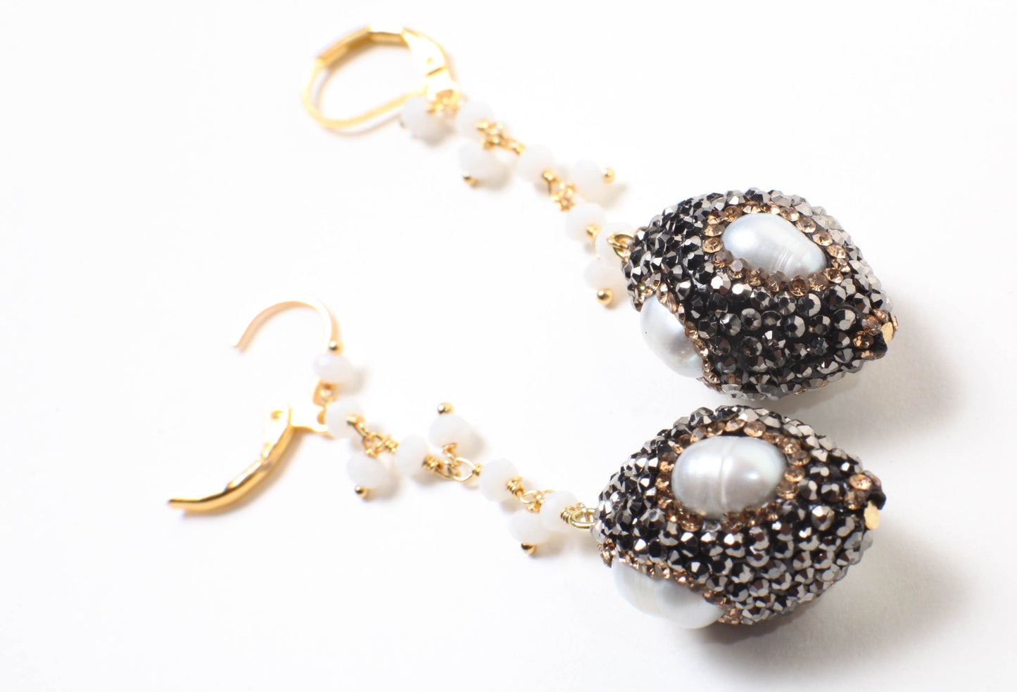 Genuine Freshwater Baroque Pearl, Rhinestone Crystal Inlaid Pave with Dangling Wire Wrapped Crystal Beaded Leverback Earrings Gift For Her