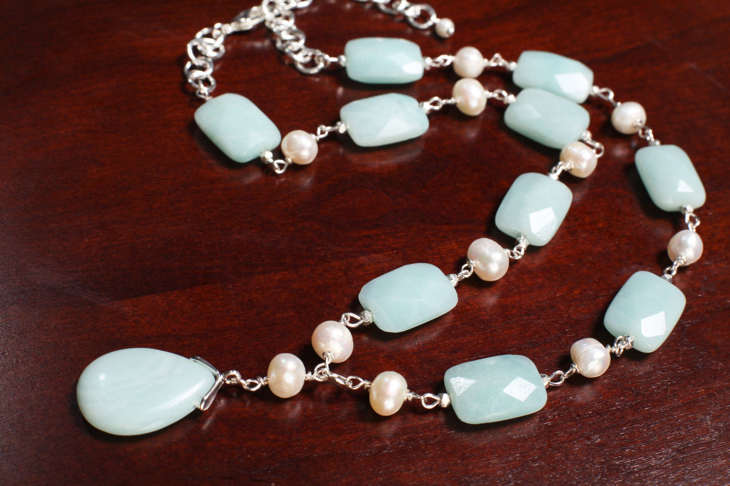 Natural Amazonite Pear Drop Pendant 18x25mm,Faceted Pillow Shape 13x18mm Freshwater Potato Pearl,silver wire wrapped 18.5" with 3" Extension