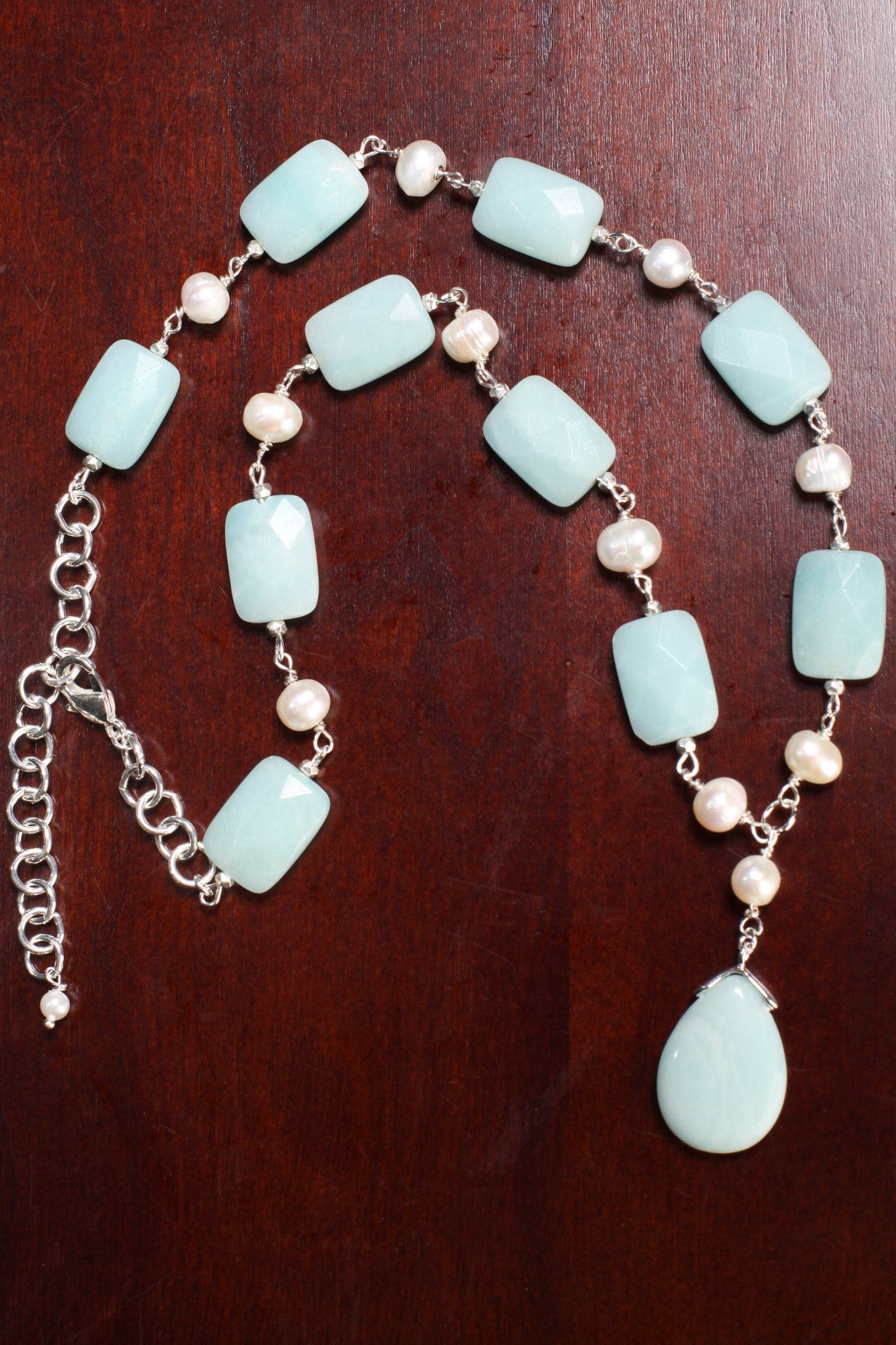 Natural Amazonite Pear Drop Pendant 18x25mm,Faceted Pillow Shape 13x18mm Freshwater Potato Pearl,silver wire wrapped 18.5" with 3" Extension