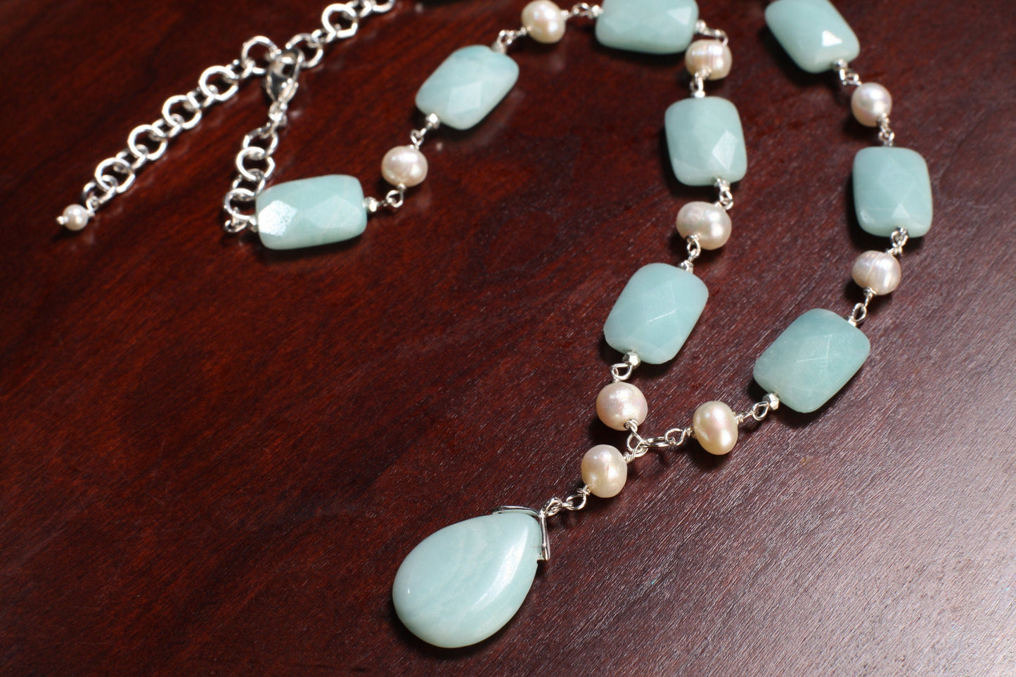 Natural Amazonite Pear Drop Pendant 18x25mm,Faceted Pillow Shape 13x18mm Freshwater Potato Pearl,silver wire wrapped 18.5" with 3" Extension