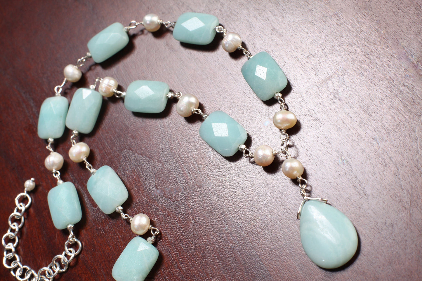 Natural Amazonite Pear Drop Pendant 18x25mm,Faceted Pillow Shape 13x18mm Freshwater Potato Pearl,silver wire wrapped 18.5" with 3" Extension