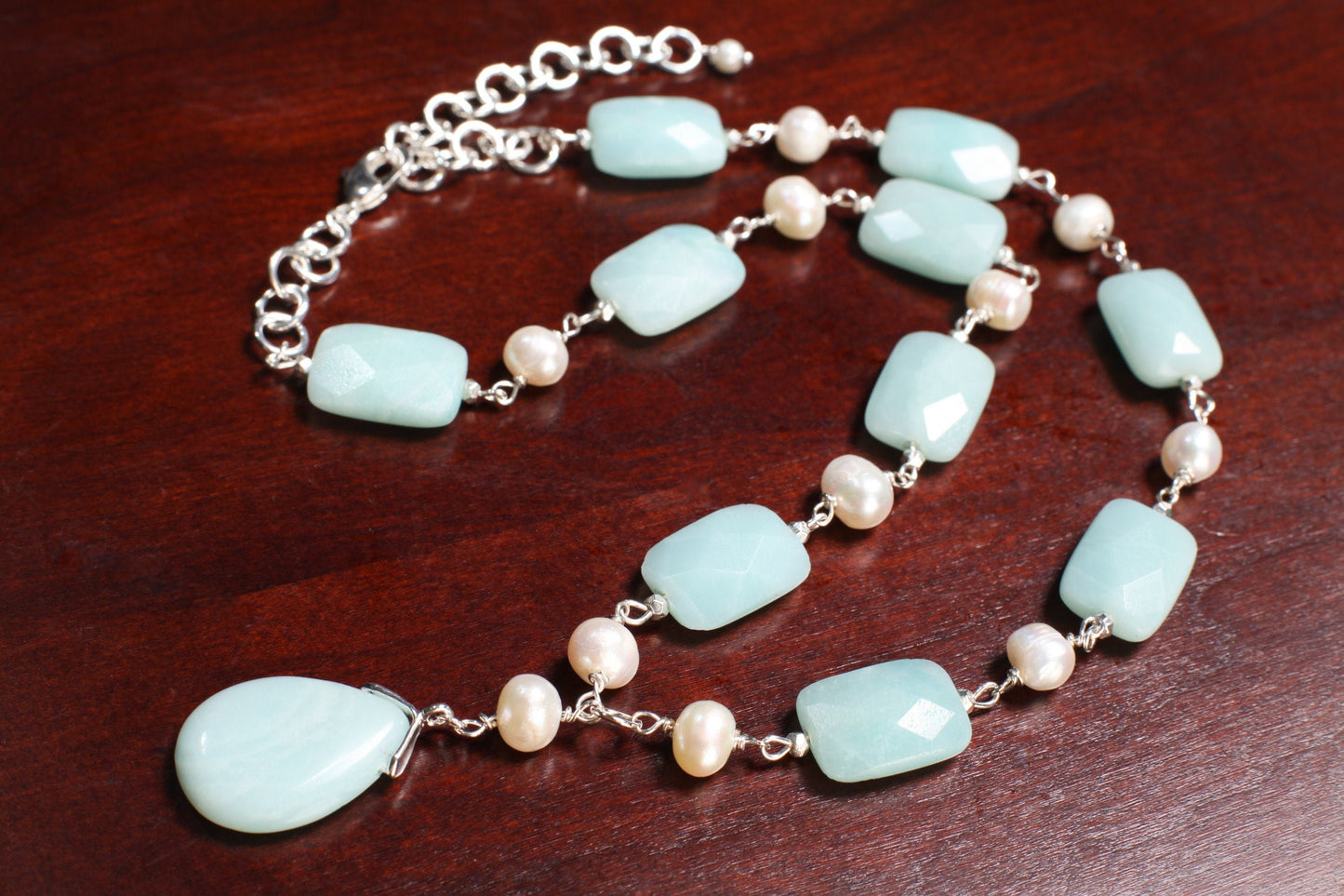 Natural Amazonite Pear Drop Pendant 18x25mm,Faceted Pillow Shape 13x18mm Freshwater Potato Pearl,silver wire wrapped 18.5" with 3" Extension
