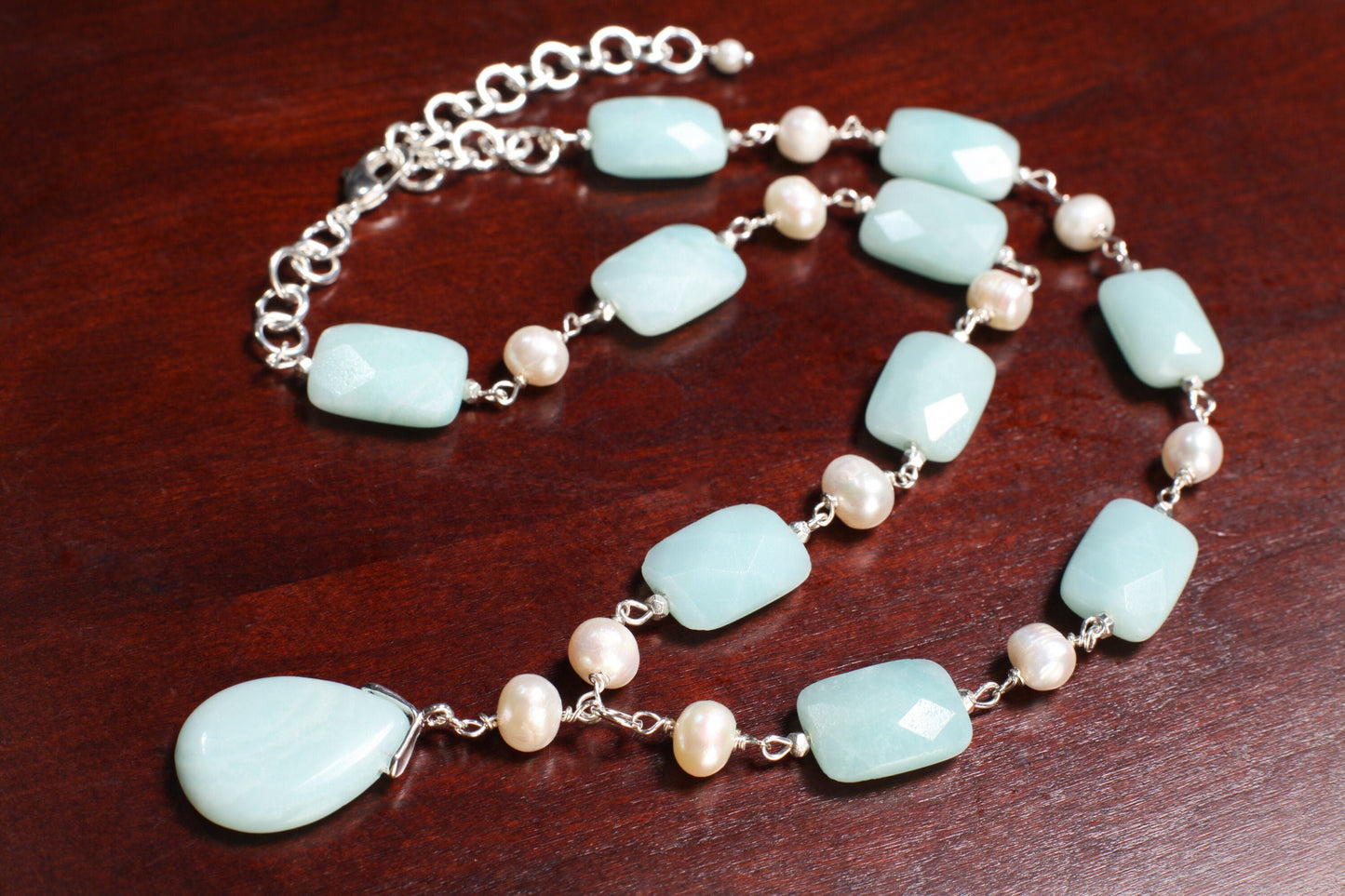 Natural Amazonite Pear Drop Pendant 18x25mm,Faceted Pillow Shape 13x18mm Freshwater Potato Pearl,silver wire wrapped 18.5" with 3" Extension