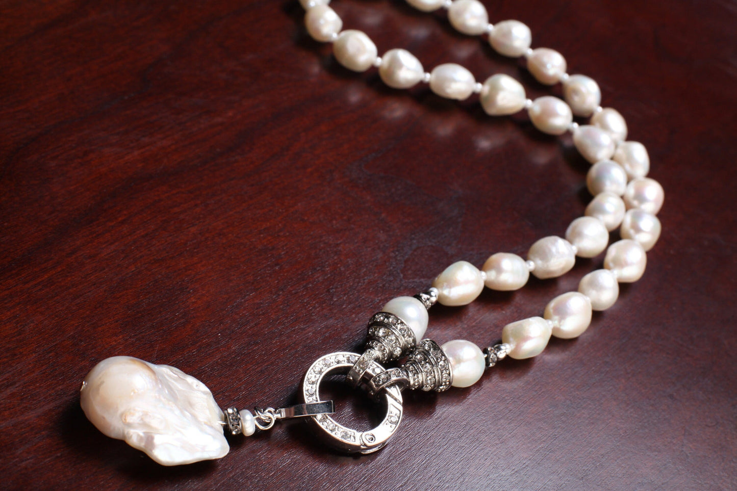 Genuine Freshwater Baroque pearl ,tiny pearl Spacers, Large 28mm Flame ball baroque pearl Detachable Pendant, Carabiner CZ Clasp 18"necklace