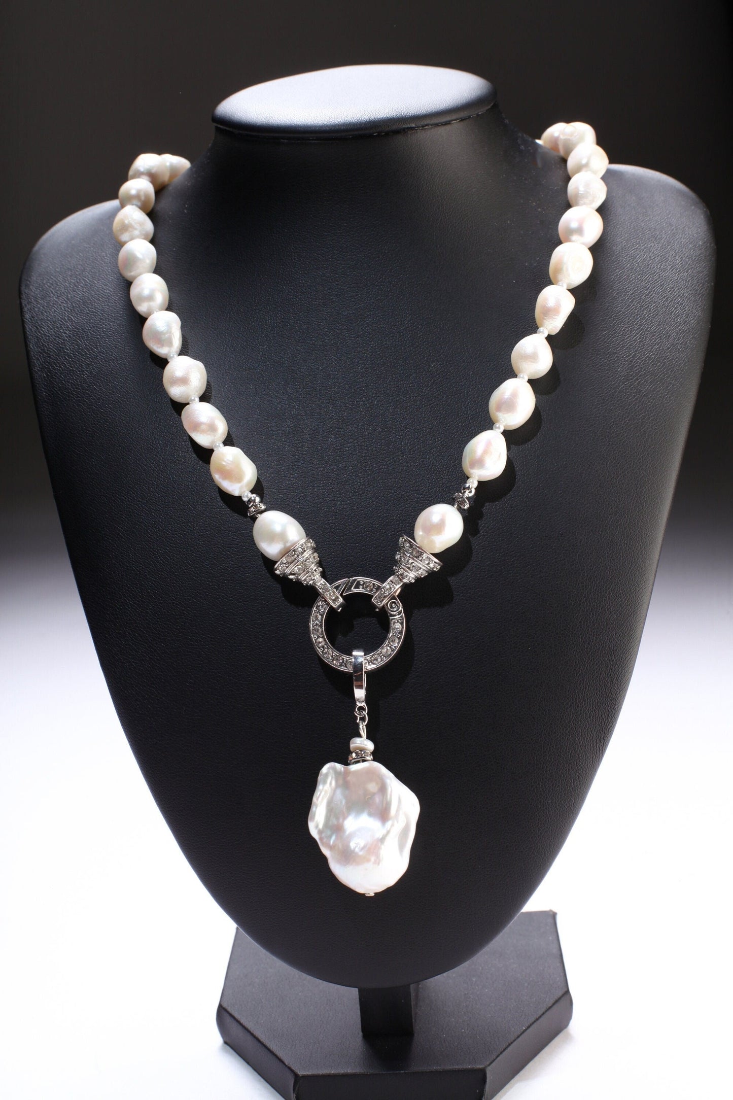 Genuine Freshwater Baroque pearl ,tiny pearl Spacers, Large 28mm Flame ball baroque pearl Detachable Pendant, Carabiner CZ Clasp 18"necklace