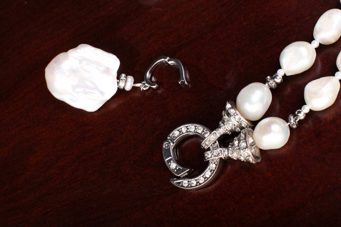 Genuine Freshwater Baroque pearl ,tiny pearl Spacers, Large 28mm Flame ball baroque pearl Detachable Pendant, Carabiner CZ Clasp 18"necklace