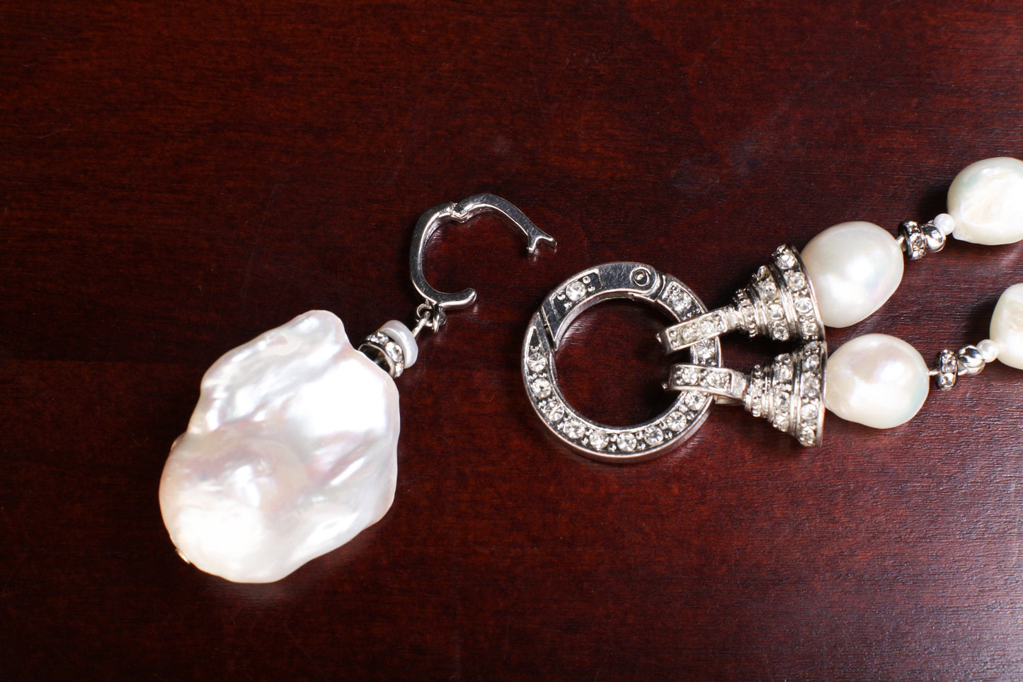 Genuine Freshwater Baroque pearl ,tiny pearl Spacers, Large 28mm Flame ball baroque pearl Detachable Pendant, Carabiner CZ Clasp 18"necklace